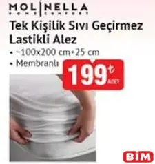 MOLİNELLA TEK KİŞİLİK SIVI GEÇİRMEZ LASTİKLİ ALEZ 100X200 CM+25 CM